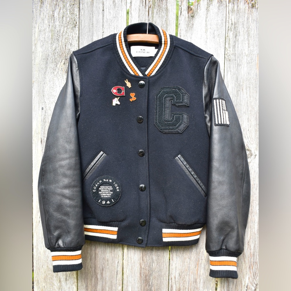 Coach Black Varsity Jacket with Leather Sleeves